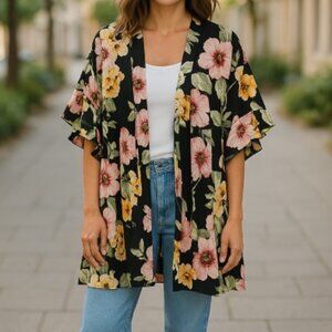 Meri Skye Womens Black Multicolored Floral Long Length Open Front Cardigan